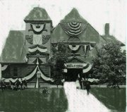 Old Photo of Memorial Hall - decorated with bunting