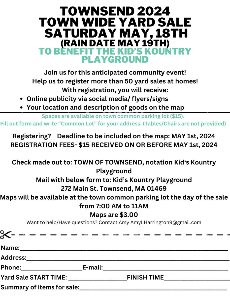 Flyer for the Town Wide Yard Sale describing how to participate
