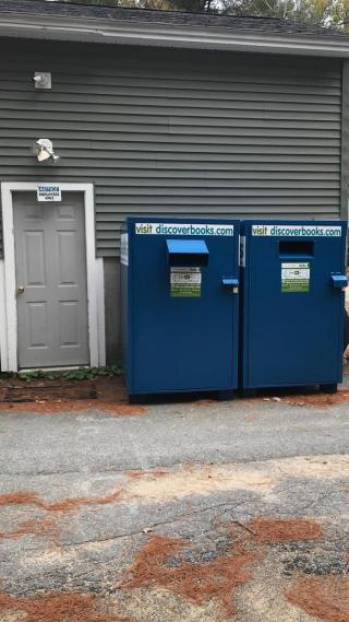 Pretty new blue book bins at 33 Greenville Road for your books free of charge