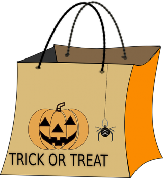 Trick-or-treat back with a jack-o-lantern on it.
