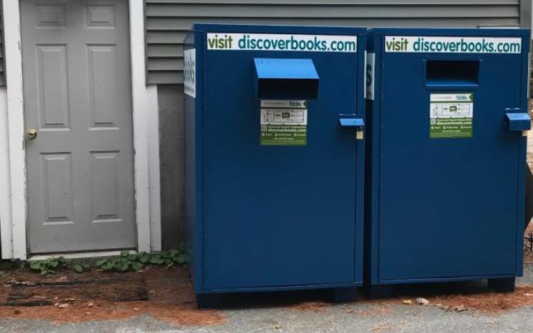 Pretty new blue book bins at 33 Greenville Road for your books free of charge